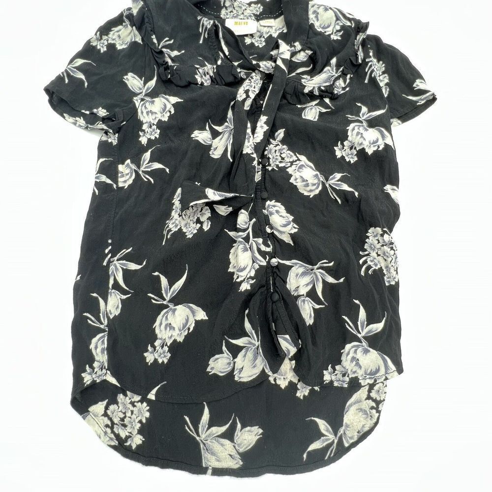 Maeve by Anthropologie Button Up Black White Floral Tie Neck Top Size XS